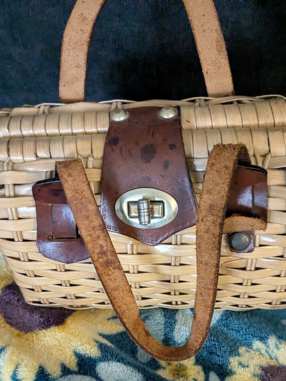 Vintage Woven Mini Tote  Top-Handle Mini with Brown Leather Trim